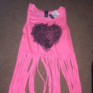Neon Pink Floral Heart Cropped Cut Up Tank NWT